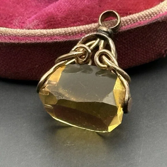 Antique Gold Fill Citrine Glass Fob Charm Pendant - Picture 2 of 15